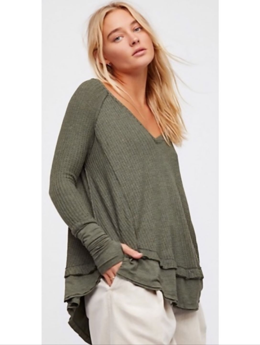 Free People Laguna Oversized Thermal Top Long Sleeve Sage Green V Neck Boho